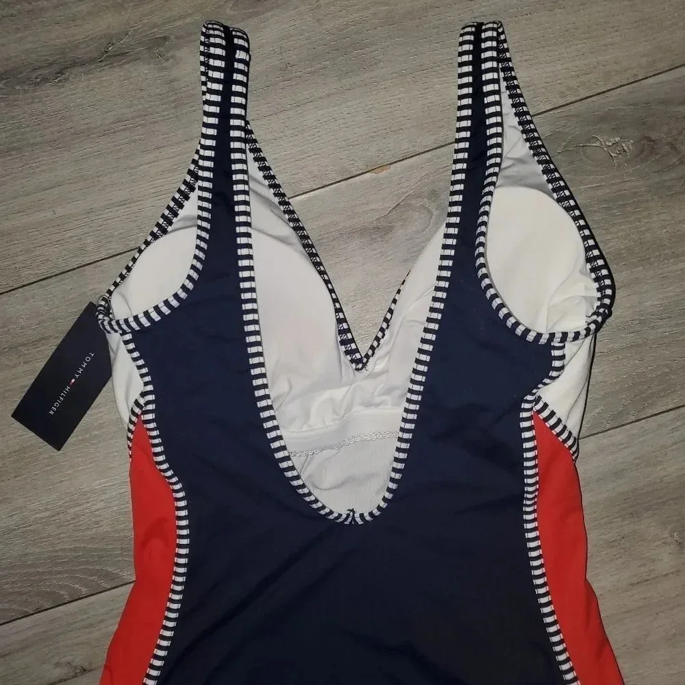 Tommy Hilfiger Womens Nomad Color Block V-Neck One Piece red navy white swimsuit